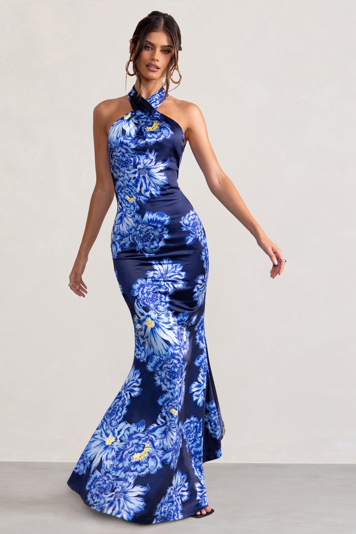 Unstoppable Blue Floral Print Satin Cross Over Halter Neck Maxi Dres – Club  L London - USA