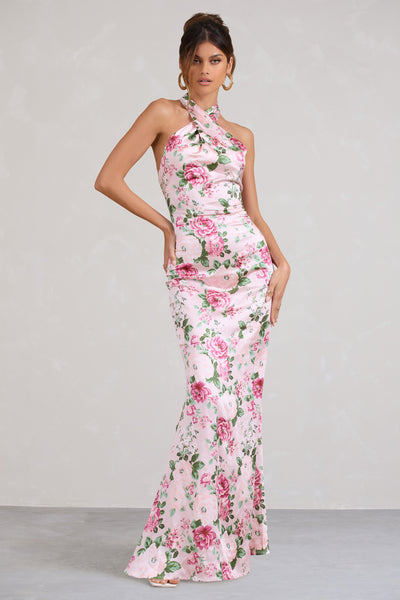 Unstoppable Pink Floral Print Satin Cross Over Halter Neck Maxi