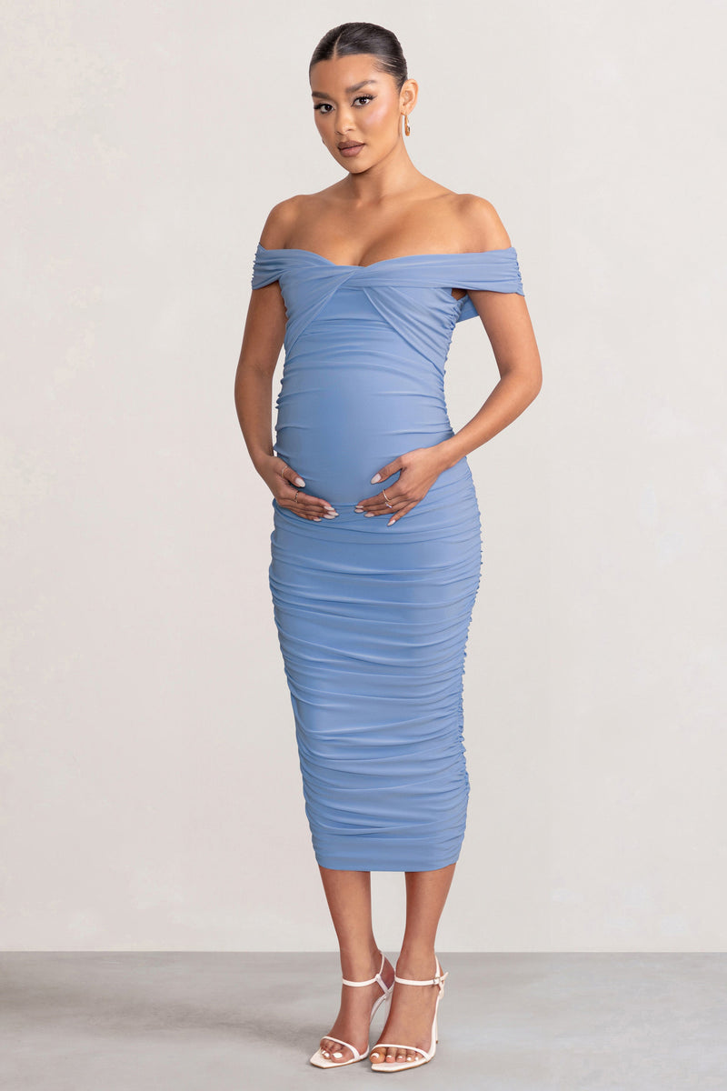 Perfection Powder Blue Maternity Bardot Knot Ruched Midi Dress – Club L ...