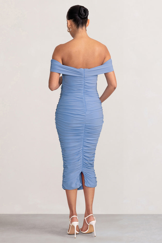 Perfection Powder Blue Maternity Bardot Knot Ruched Midi Dress ...