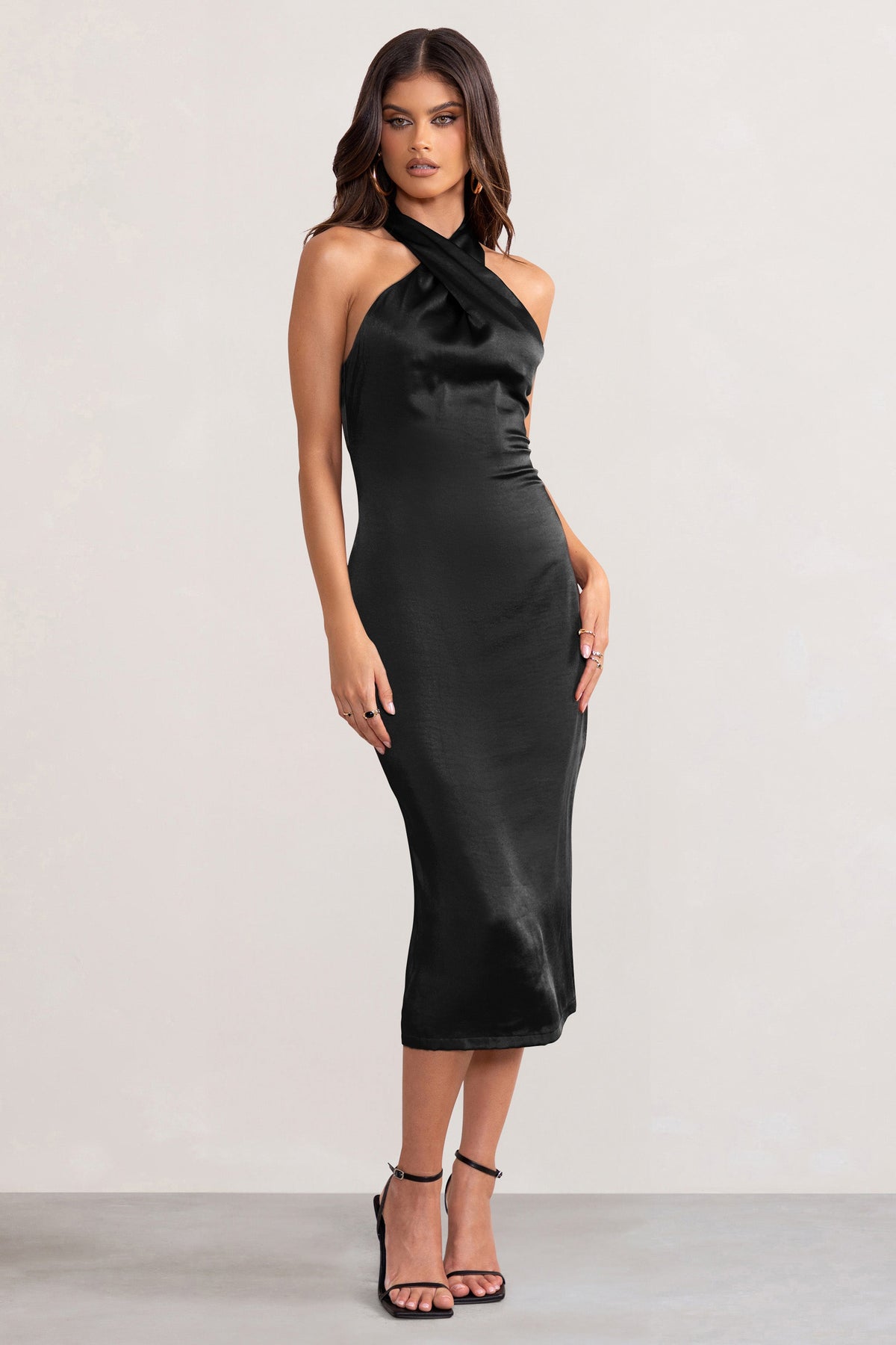 Black Satin Vest Style Halter Bodycon Dress