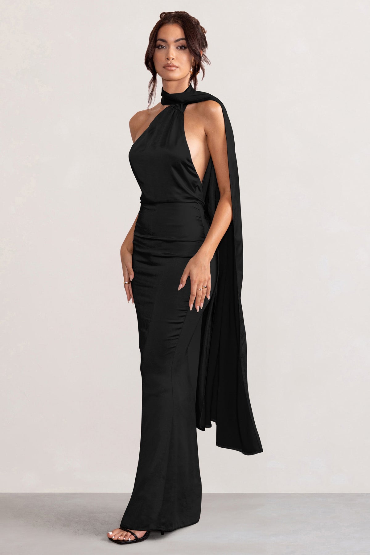 Mademoiselle Black Satin Asymmetric Scarf Neck Backless Maxi Dress ...
