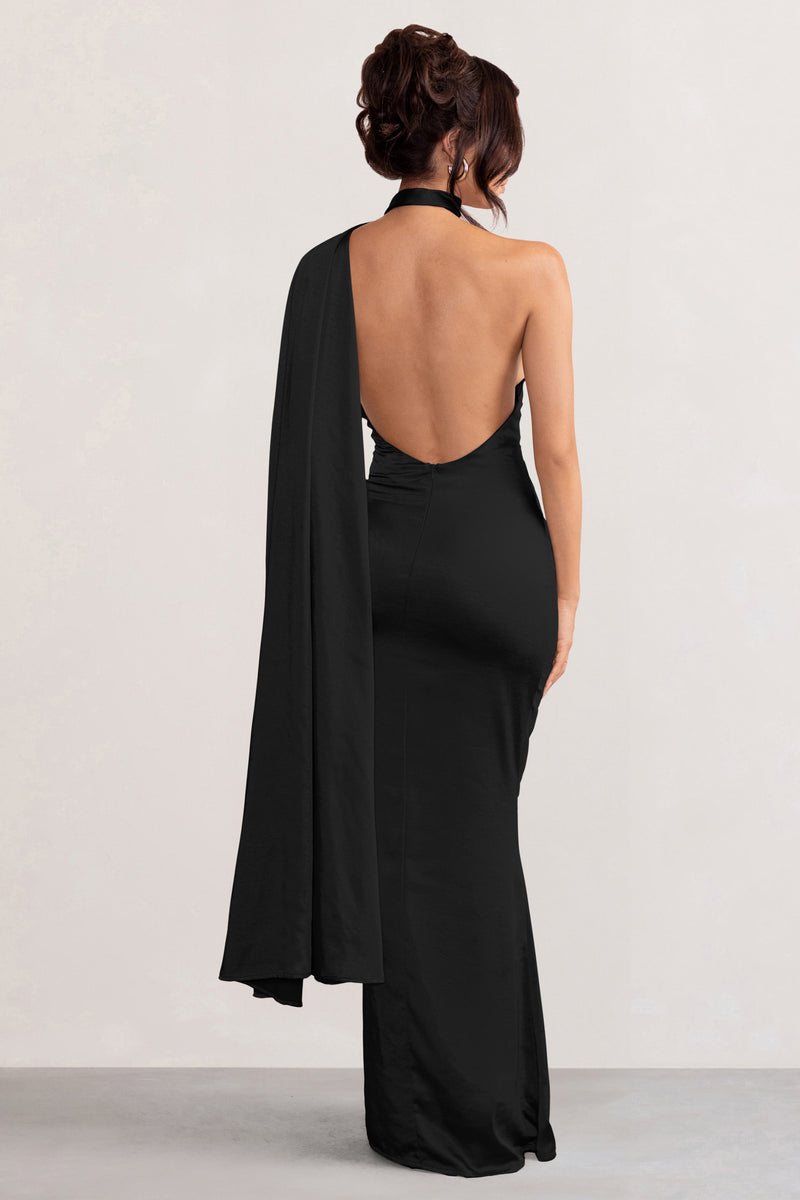 Mademoiselle Black Satin Asymmetric Scarf Neck Backless Maxi Dress ...