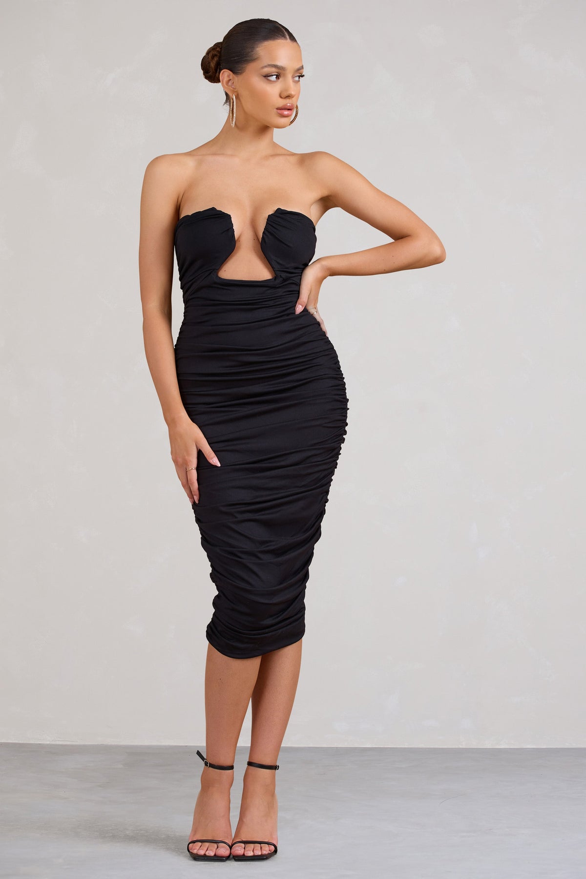 Stately Black Cut-Out Ruched Bodycon Midi Dress – Club L London - USA