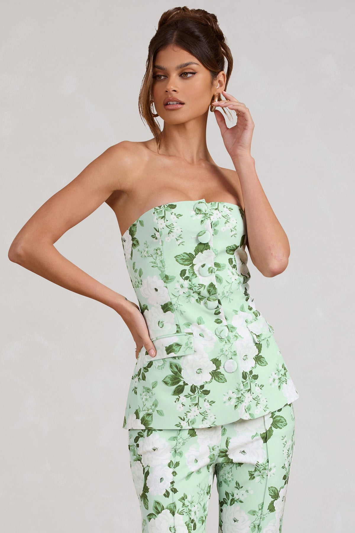 Elliana White & Green Floral Print Strapless Bandeau Button Front