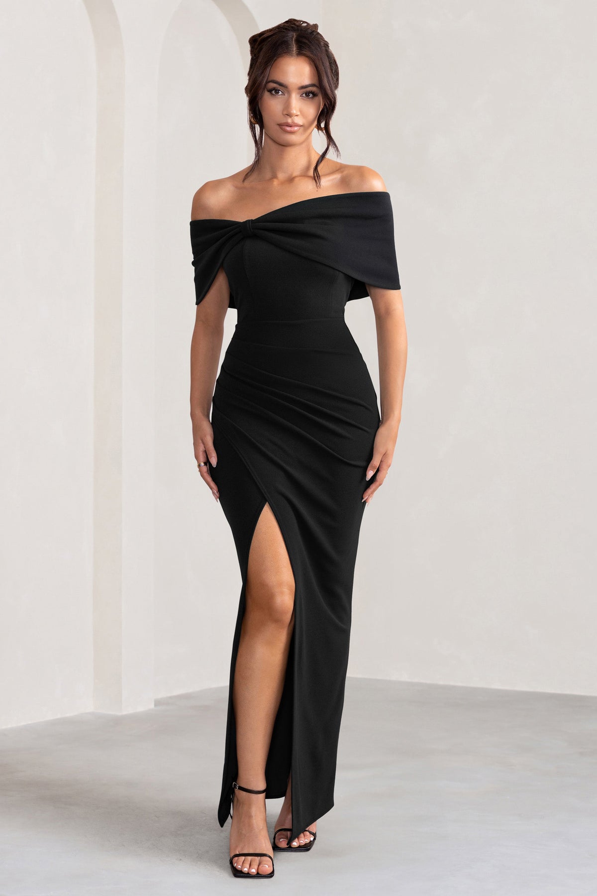 Eva | Black Bardot Bow Detail Maxi Dress With Thigh Split US 6 / Black Eva | Black Bardot Bow Detail Maxi Dress With Thigh Split US 6 / Black