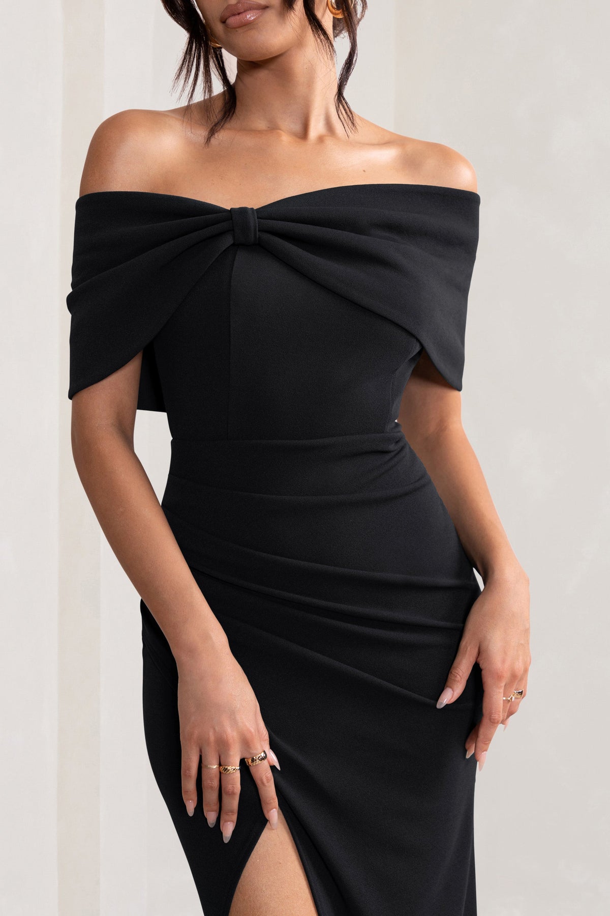 Eva | Black Bardot Bow Detail Maxi Dress with Thigh Split US 2 / Black Eva | Black Bardot Bow Detail Maxi Dress with Thigh Split US 2 / Black