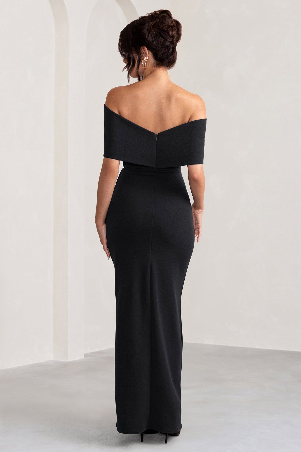 Eva | Black Bardot Bow Detail Maxi Dress with Thigh Split US 6 / Black Eva | Black Bardot Bow Detail Maxi Dress with Thigh Split US 6 / Black