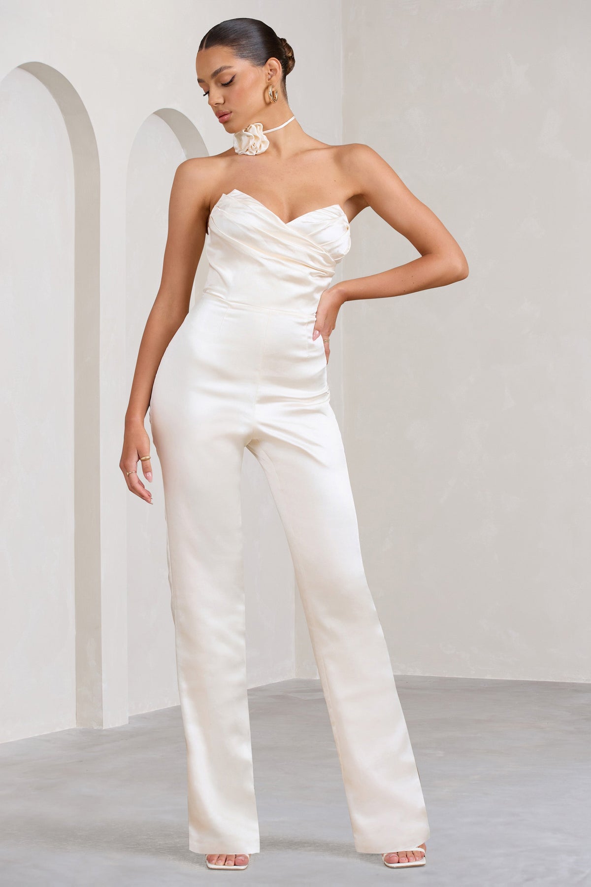 Amiah | Cream Satin Strapless Straight-Leg Jumpsuit