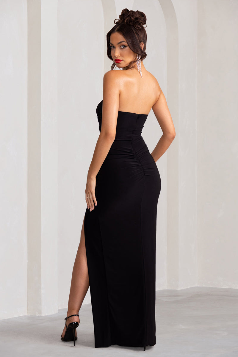 Florencia Black Sweetheart Bandeau Neckline Maxi Dress With Front Dr ...