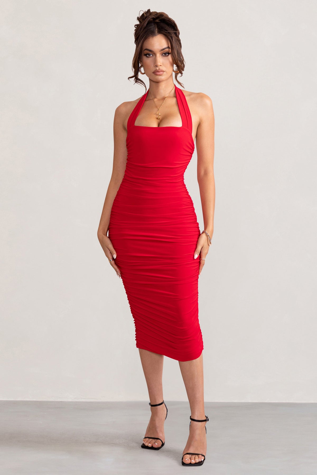 Plunge Neck Ruched Bodycon Dress