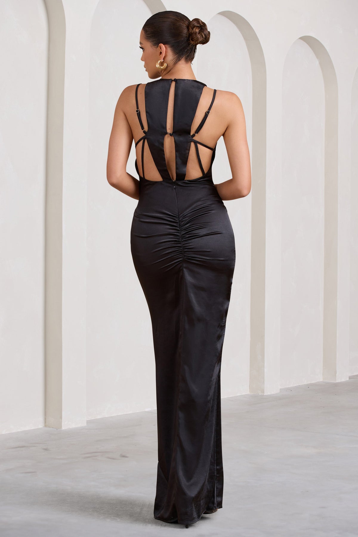 Emery Black Satin Plunge Neck Strappy Back Maxi Dress Club L London - USA Emery Black Satin Plunge Neck Strappy Back Maxi Dress Club L London - USA