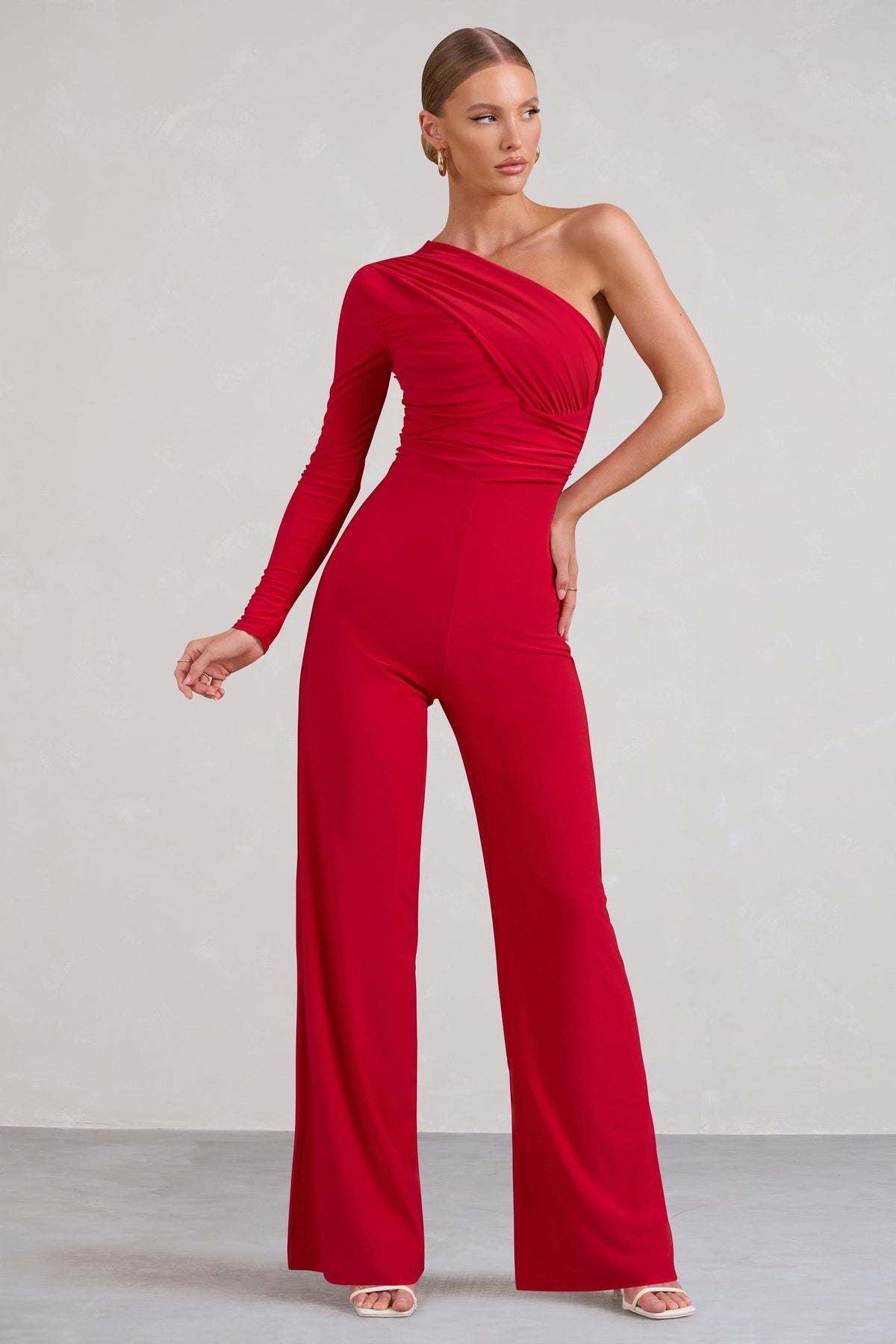 Mila Red One Shoulder Ruched Wide Leg Jumpsuit – Club L London - USA