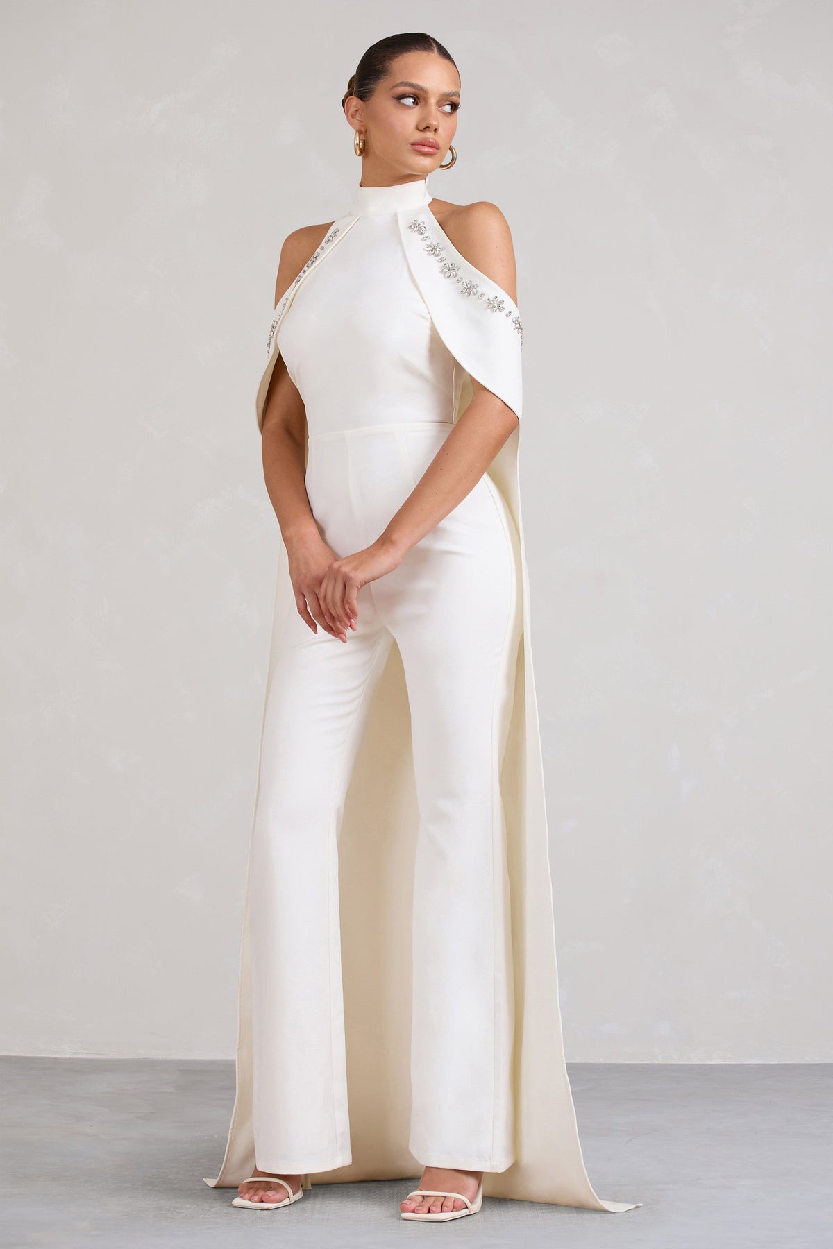 Angel White High Neck Jumpsuit with Cold Shoulder Cape Sleeves 