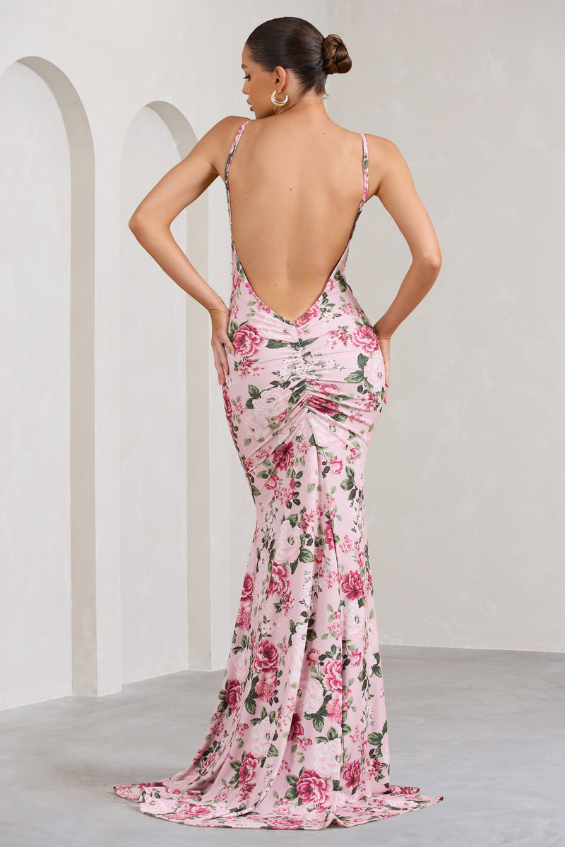 Adele Pink Floral Print Backless Ruched Fishtail Cami Maxi Dress – Club ...
