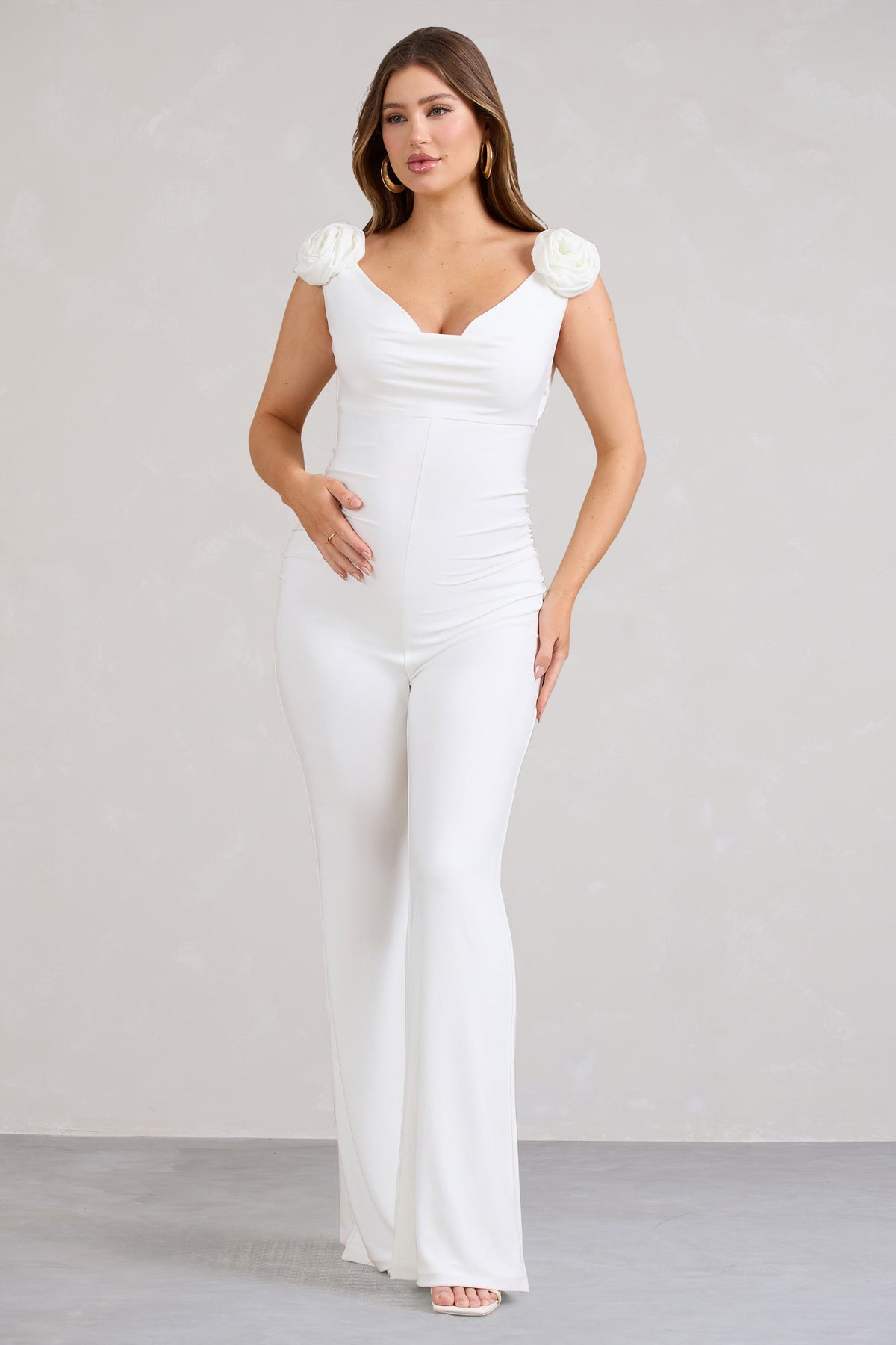 Count Down White Maternity Ruched Mesh Bardot Jumpsuit – Club L London - UK