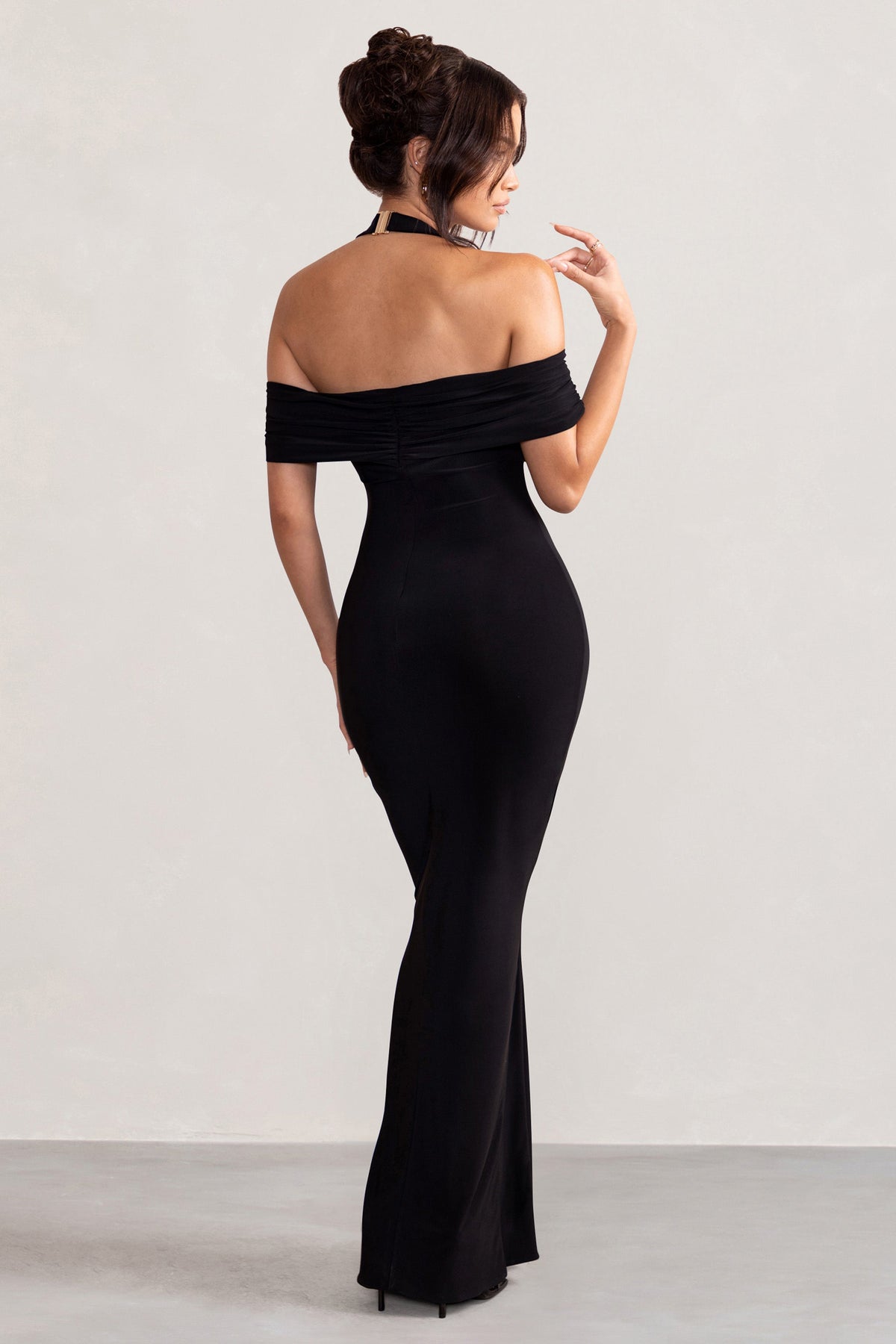 Anisa Black Halter Neck Bardot Maxi Dress With Thigh Split – Club