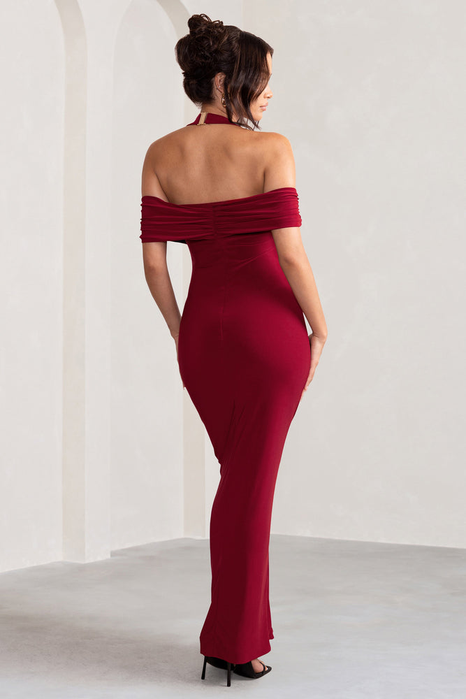 Anisa | Burgundy Halter Neck Bardot Maxi Dress With Thigh Split