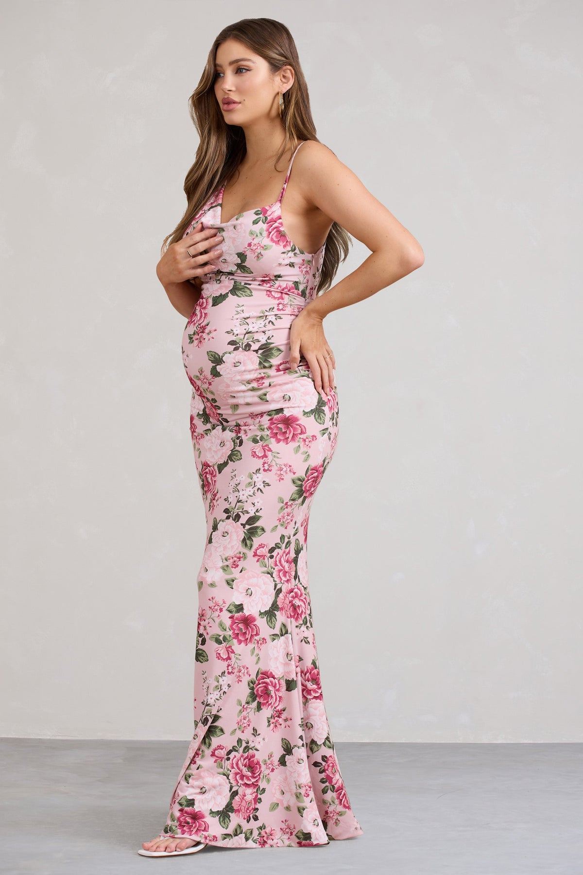 Phantasy | Pink Floral Maternity Cowl Neck Maxi Dress, US 4 / Pink Floral