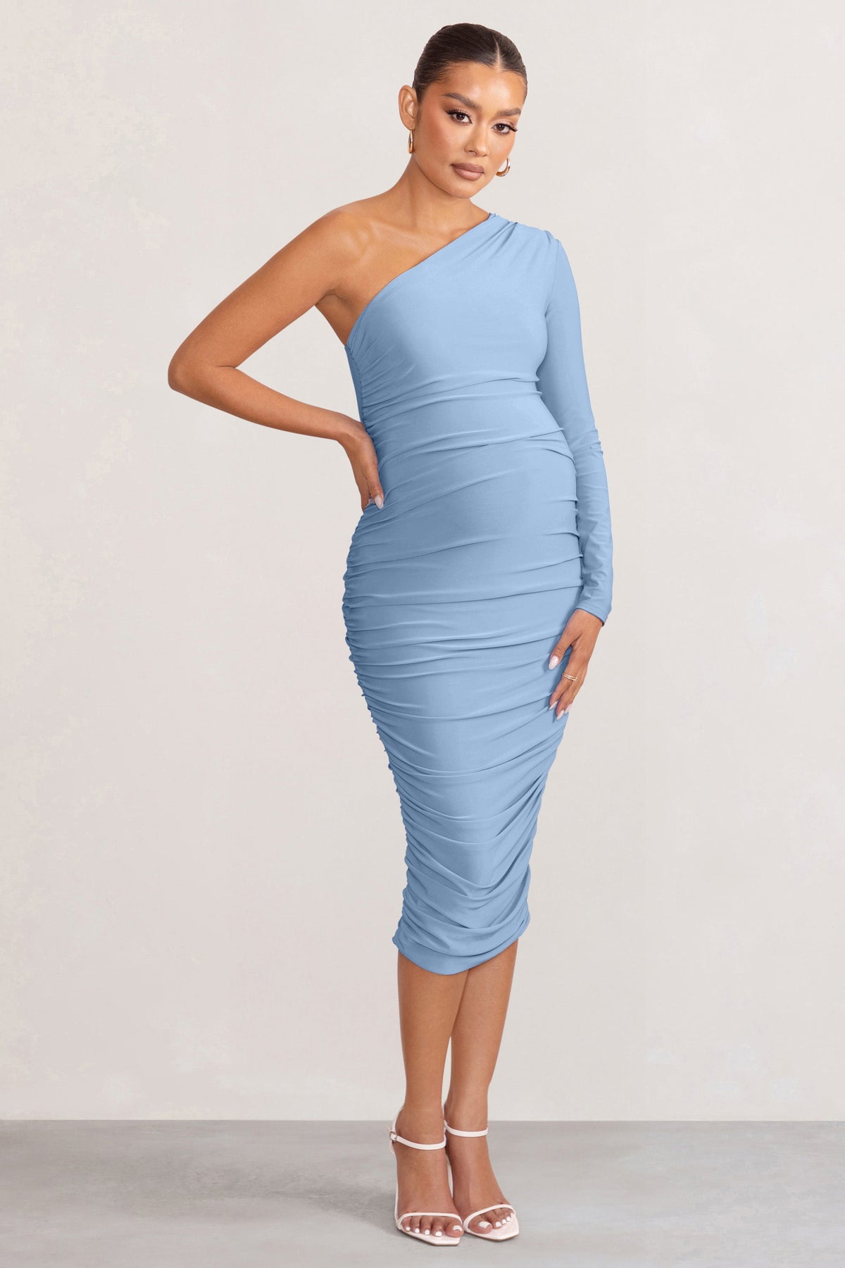 Betsy | Powder Blue Asymmetric One Sleeve Maternity Midi Dress