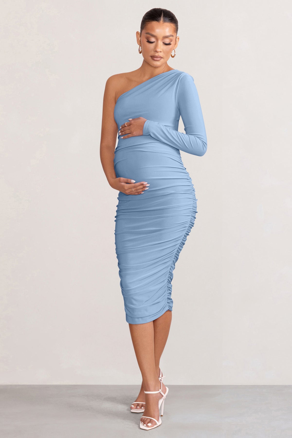 Betsy | Powder Blue Asymmetric One Sleeve Maternity Midi Dress