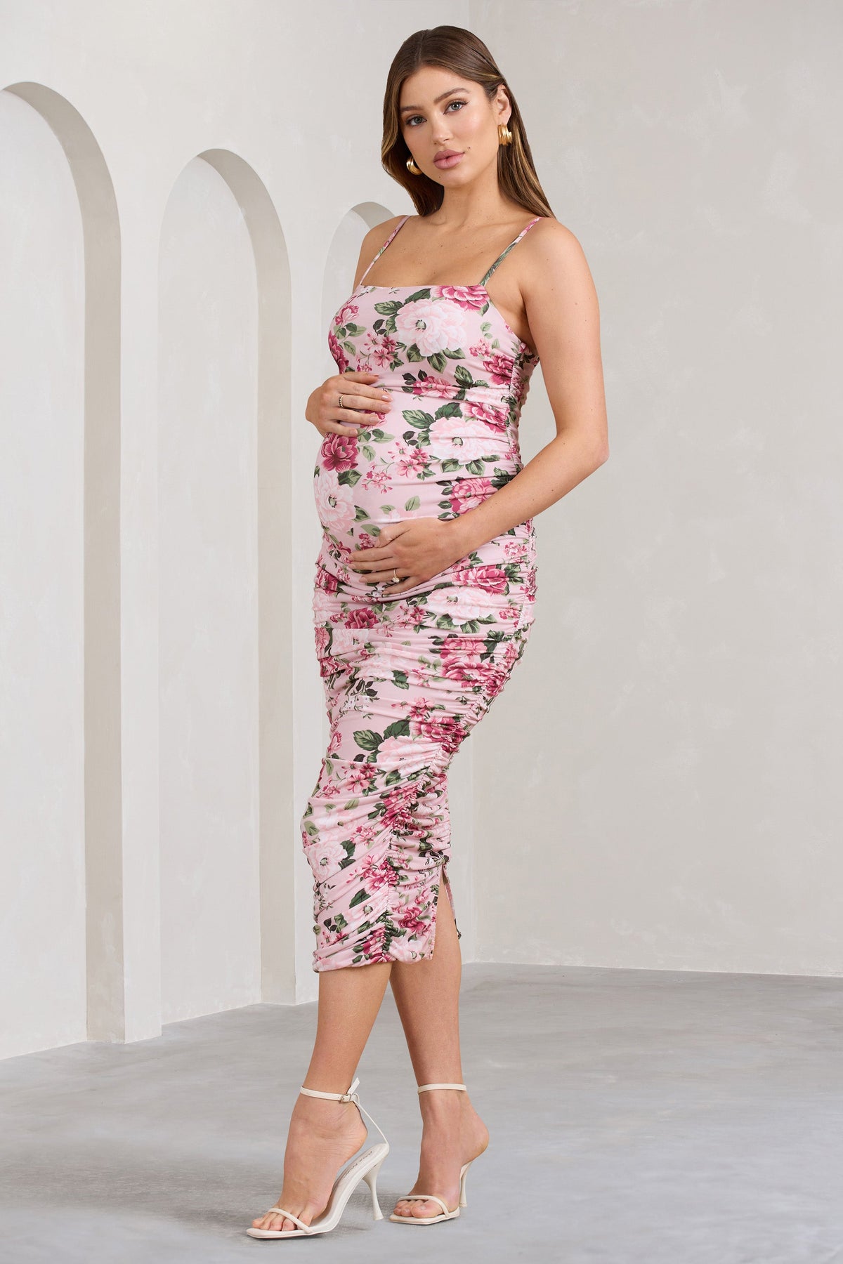 Sentimental Pink Floral Maternity Midi Dress with Cami Straps and Ru – Club  L London - USA