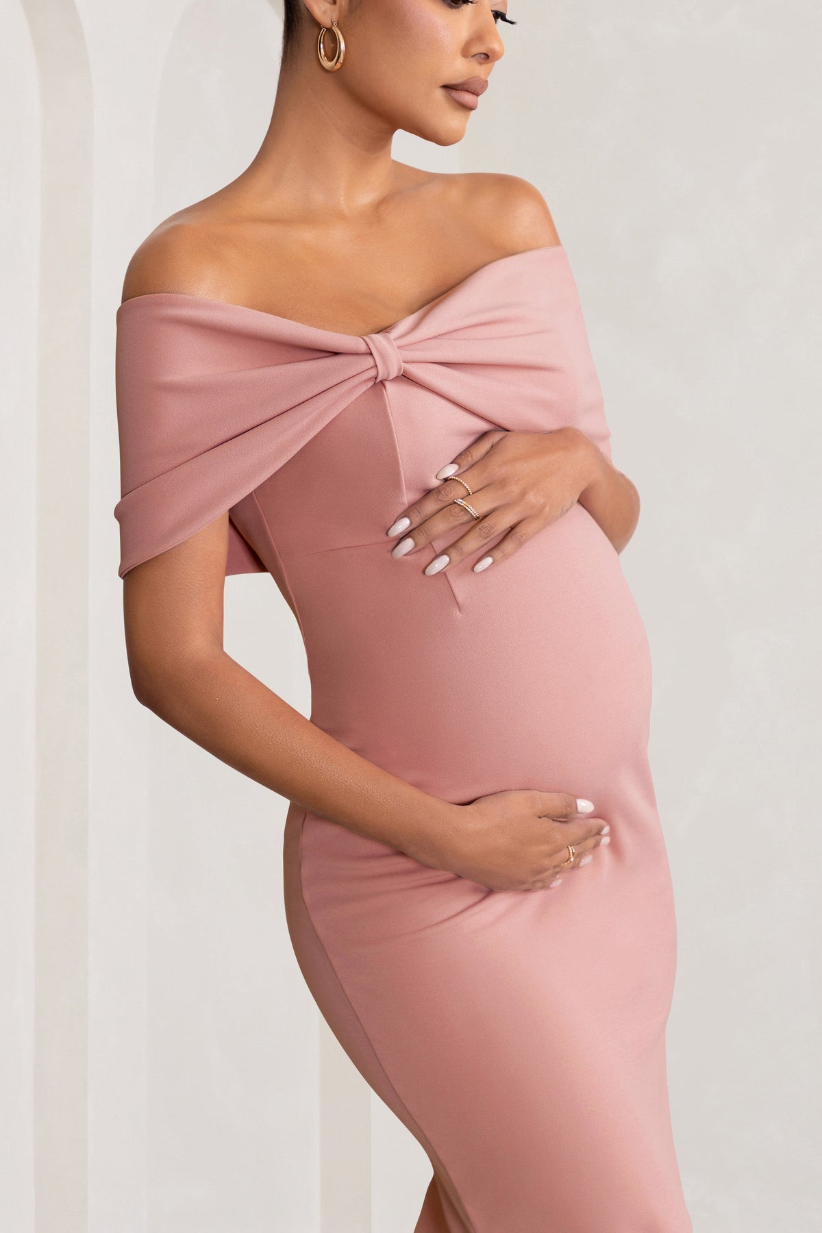 Alyssa, Blush Bardot Bow Maternity Midi Dress with Ruching