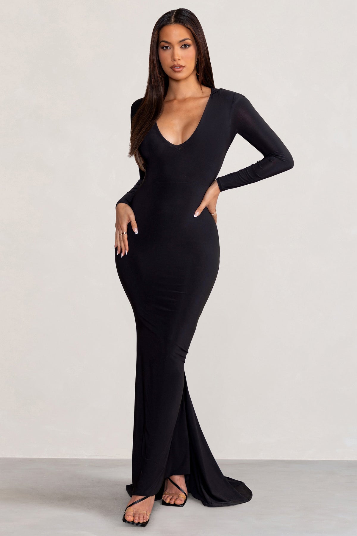 Adore Black Long Sleeve Plunge Maxi Dress with Hood – Club L