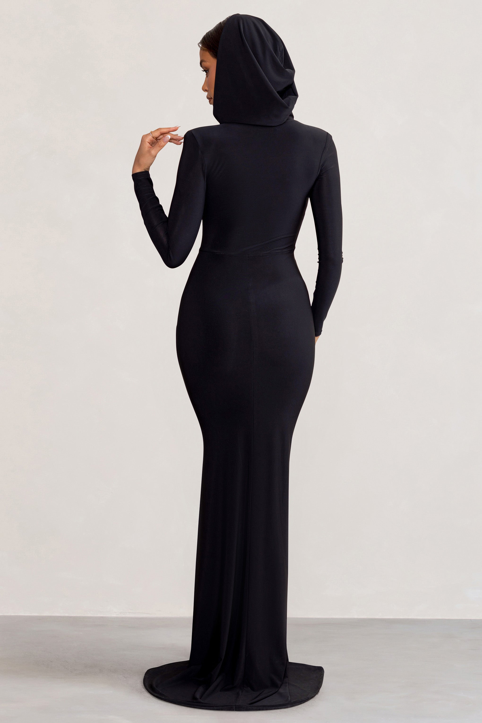 Adore Black Long Sleeve Plunge Maxi Dress with Hood Club L London USA