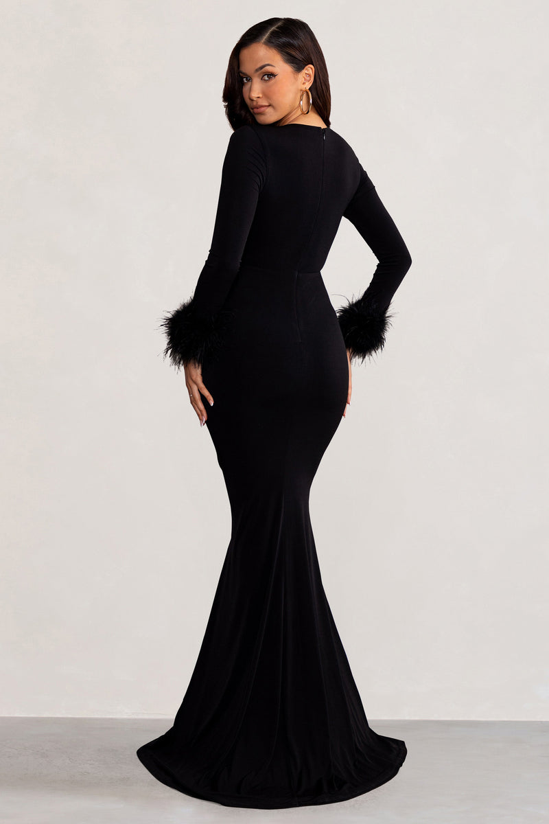Betty Black High Neck Long Sleeve Maxi Dress with Feather Cuffs Club