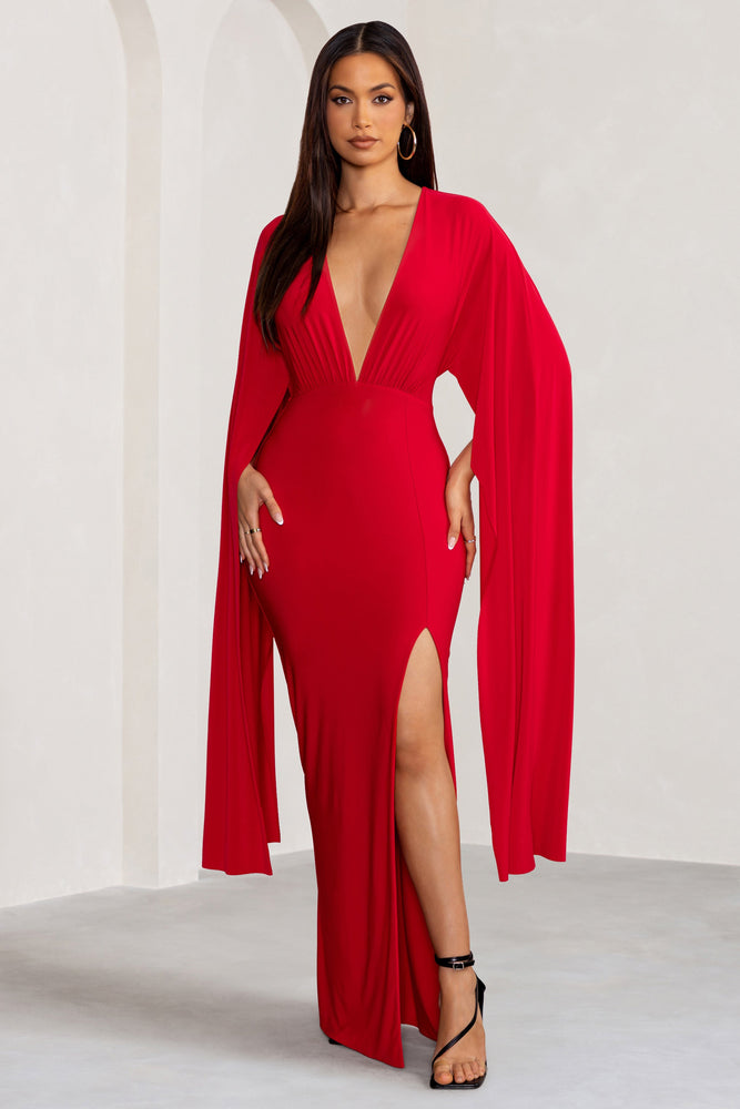 Maggie Red Plunge Neck Maxi Dress with Cape Sleeves and Thigh Split – Club  L London - USA