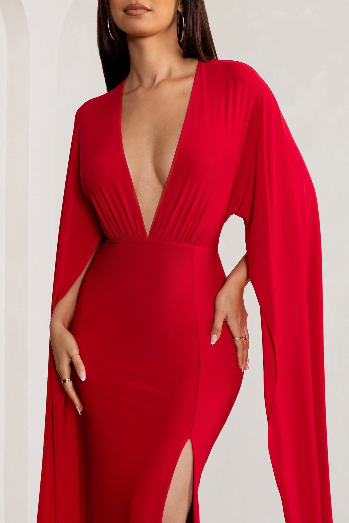 Maggie Red Plunge Neck Maxi Dress with Cape Sleeves and Thigh