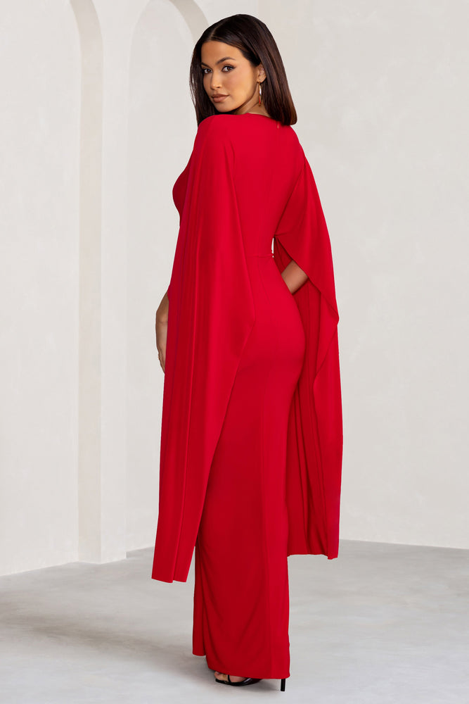 MAC DUGGAL 長袖 レース ラッフルスカート 膝下 ドレス Red 総レース フレア シースルー ひざ丈 七分袖 ドレス （赤