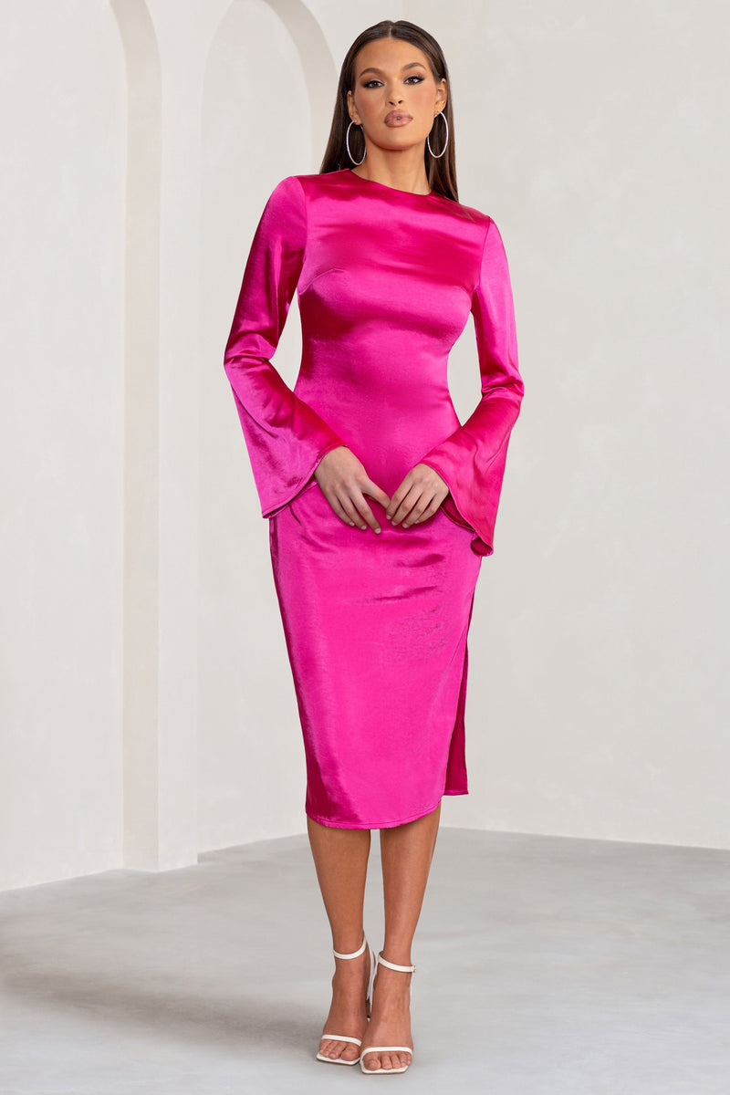 Zaina Hot Pink Long Sleeve Midi Dress with High Neckline – Club L ...