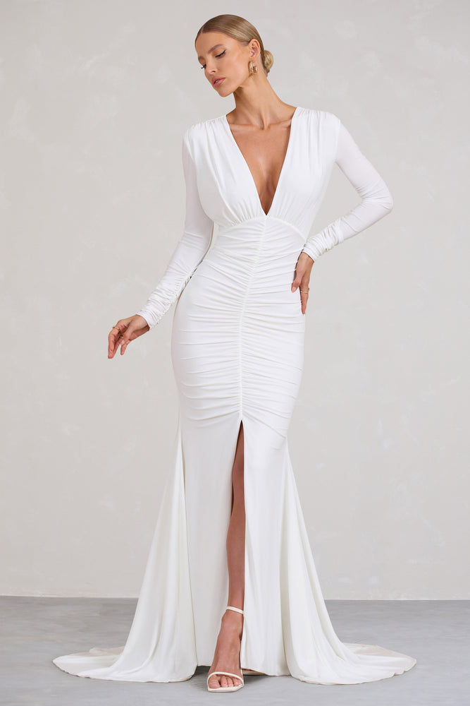 Demure White Ruched Long-Sleeved Split Fishtail Maxi Dress – Club