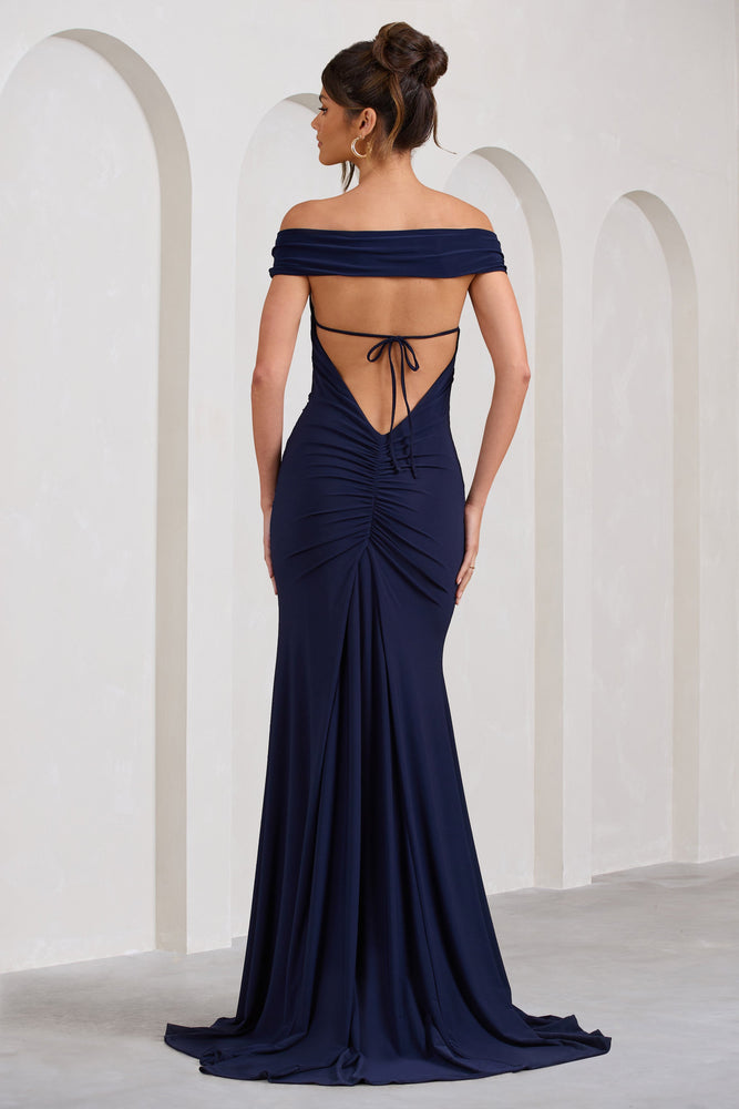 Harmony Navy Ruched Bardot Split Fishtail Maxi Dress Club L London USA