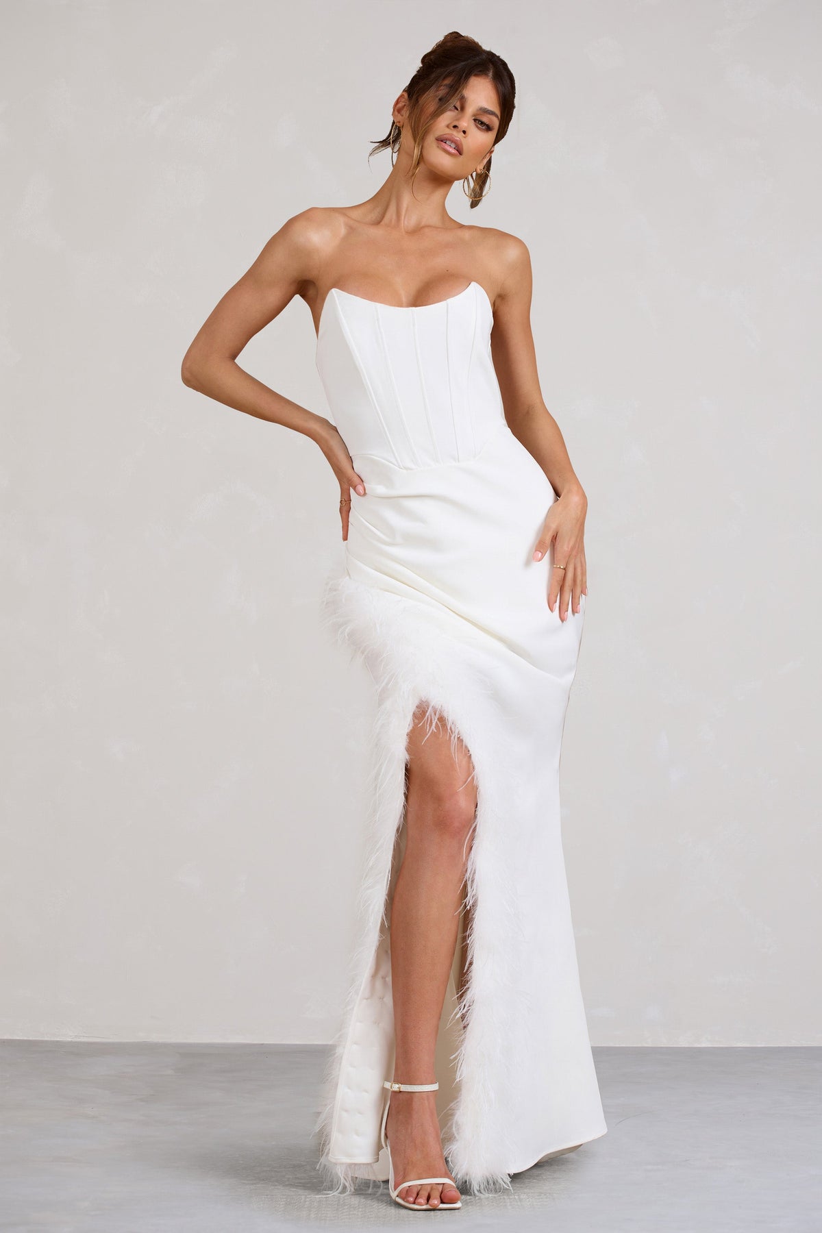 Say Yes White Corset Maxi Dress With Split Feather Skirt – Club L London -  USA