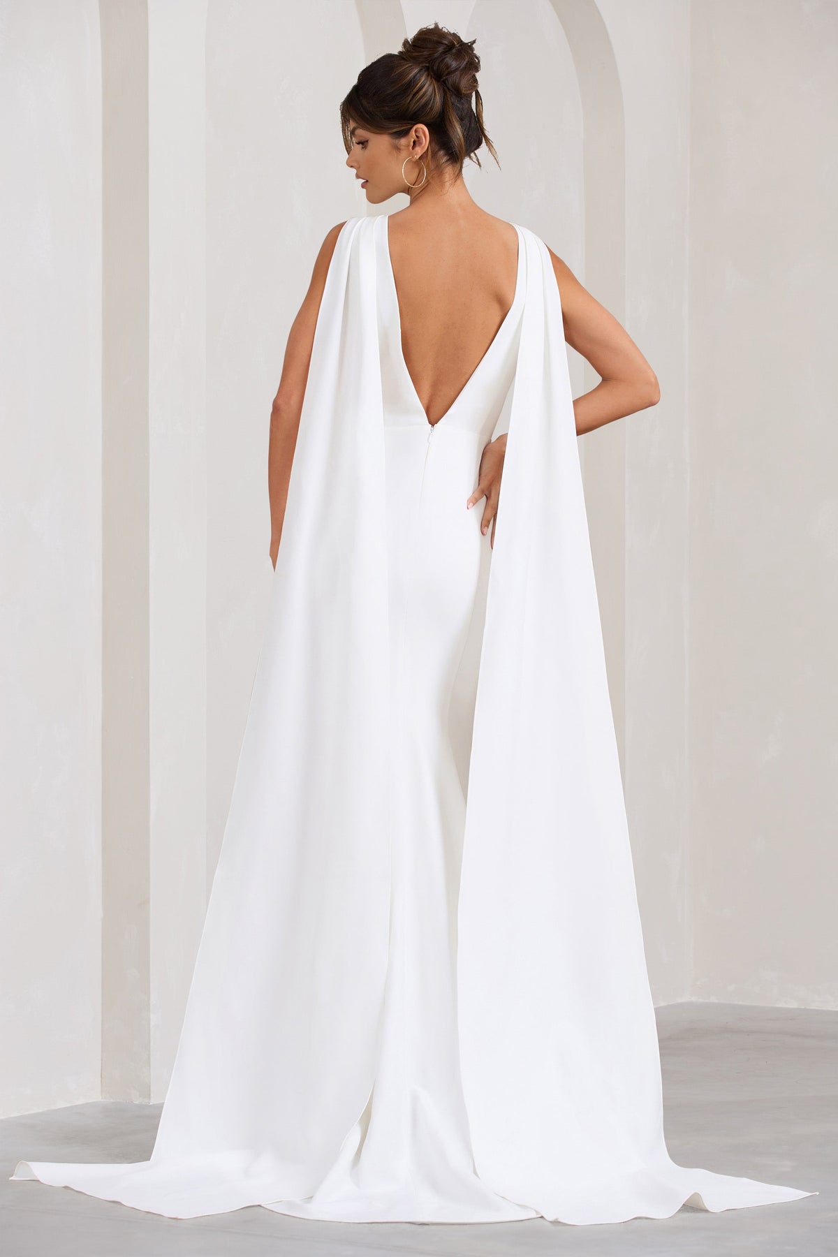 Rosaline White Plunging Fishtail Maxi Dress With Cape – Club L