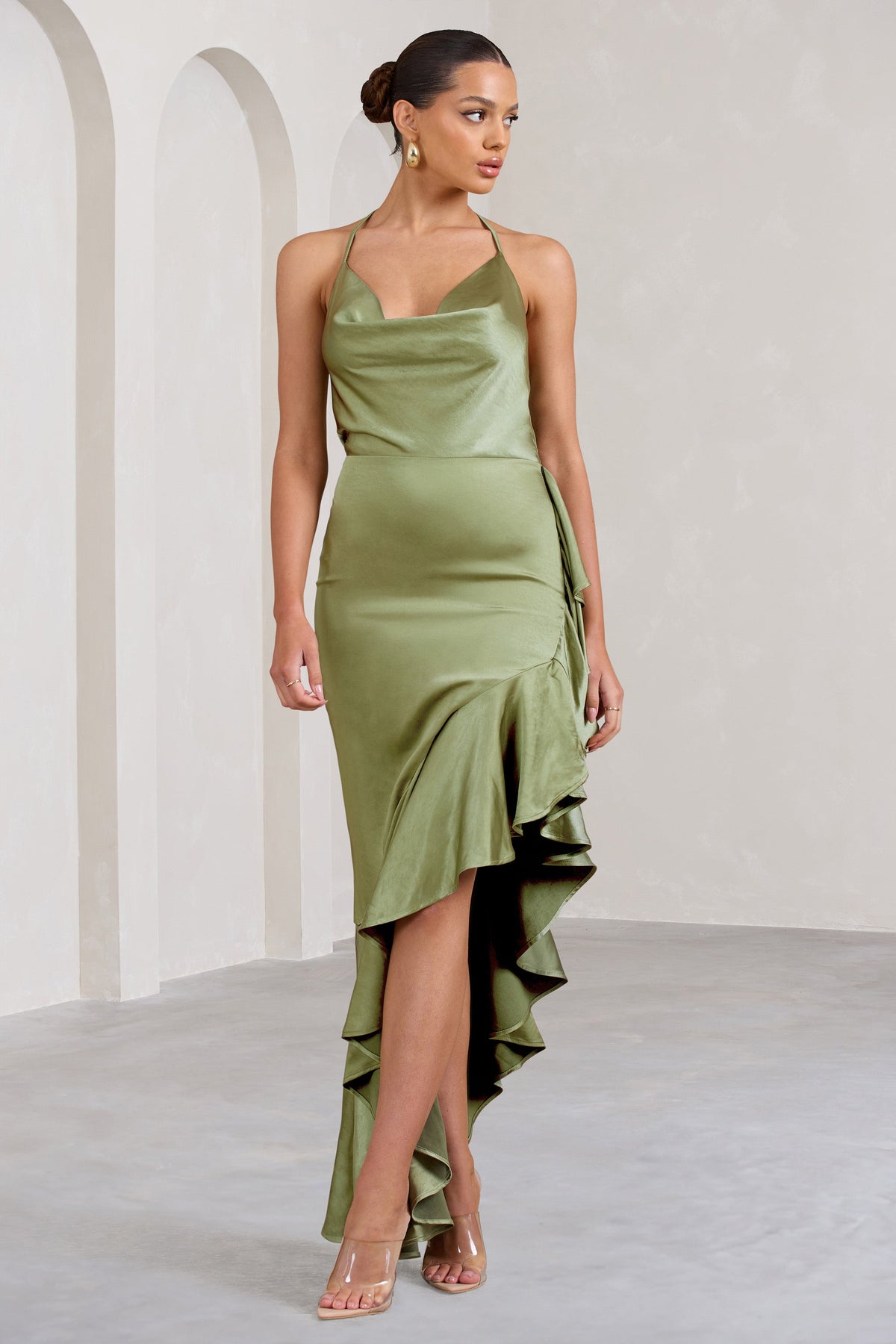 Lady Rosselini Olive Strappy Asymmetric Ruffled Maxi Dress – Club L London  - USA