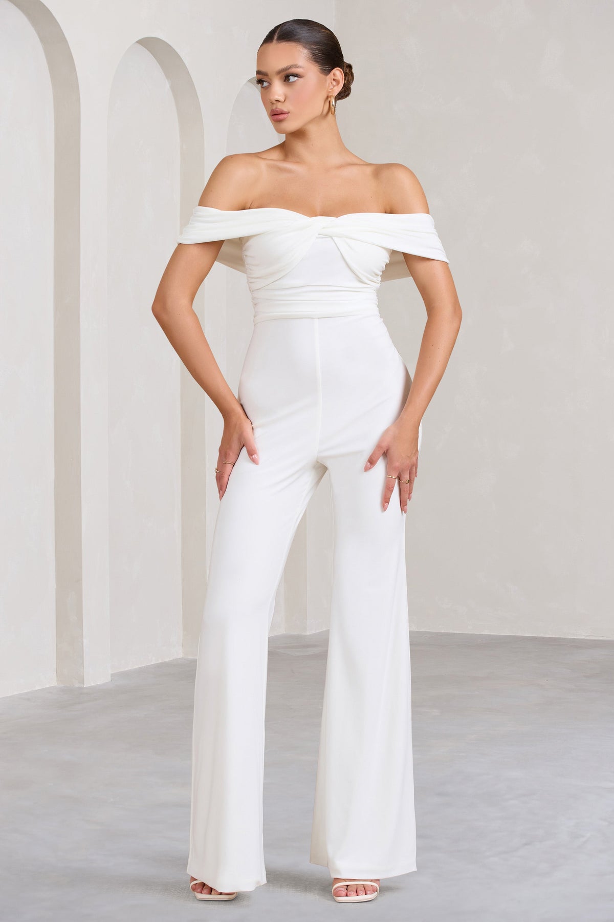 White off the shoulder pant suit Clearance