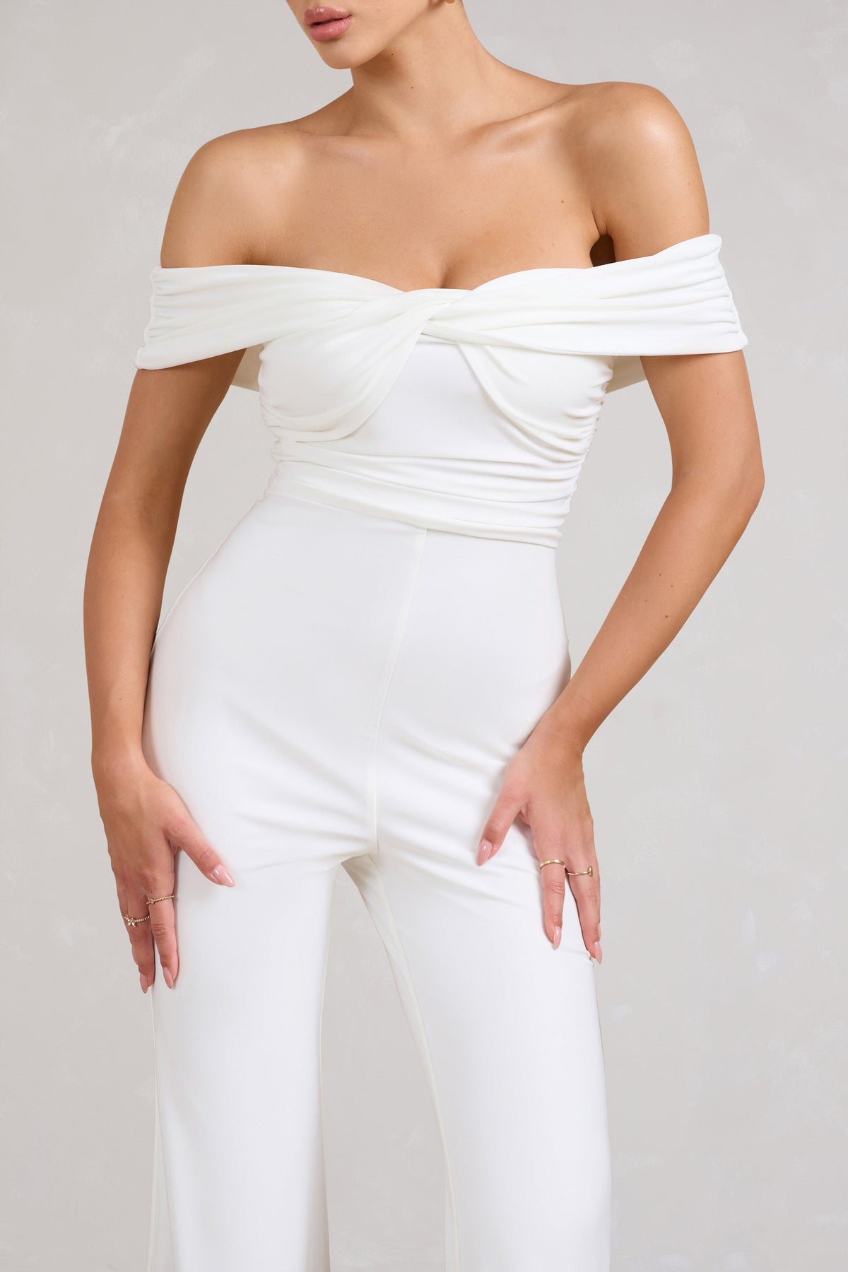 Recognition White Off The Shoulder Ruched Jumpsuit – Club L London 