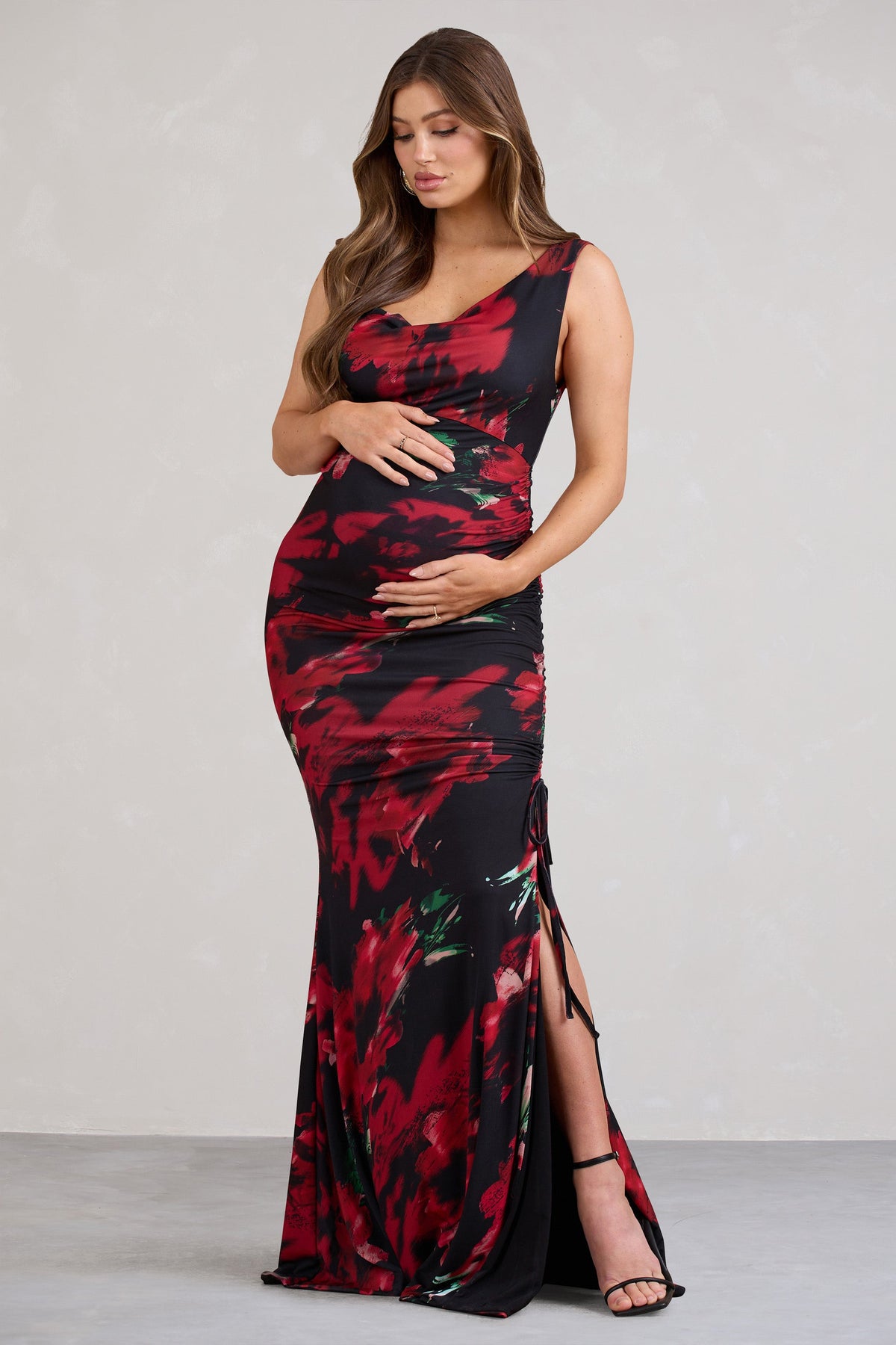 Expecting Red Floral Asymmetric Split Maternity Maxi Dress – Club