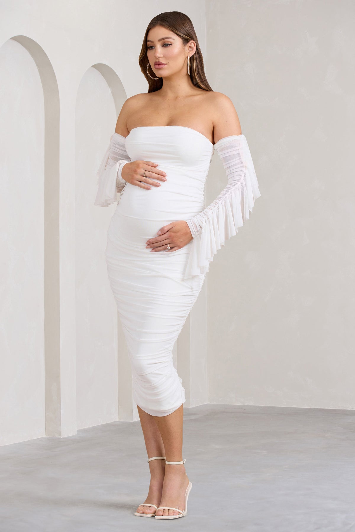 Aroma White Ruched Mesh Maternity Midi Dress With Ruffled Sleeves – Club L  London - USA