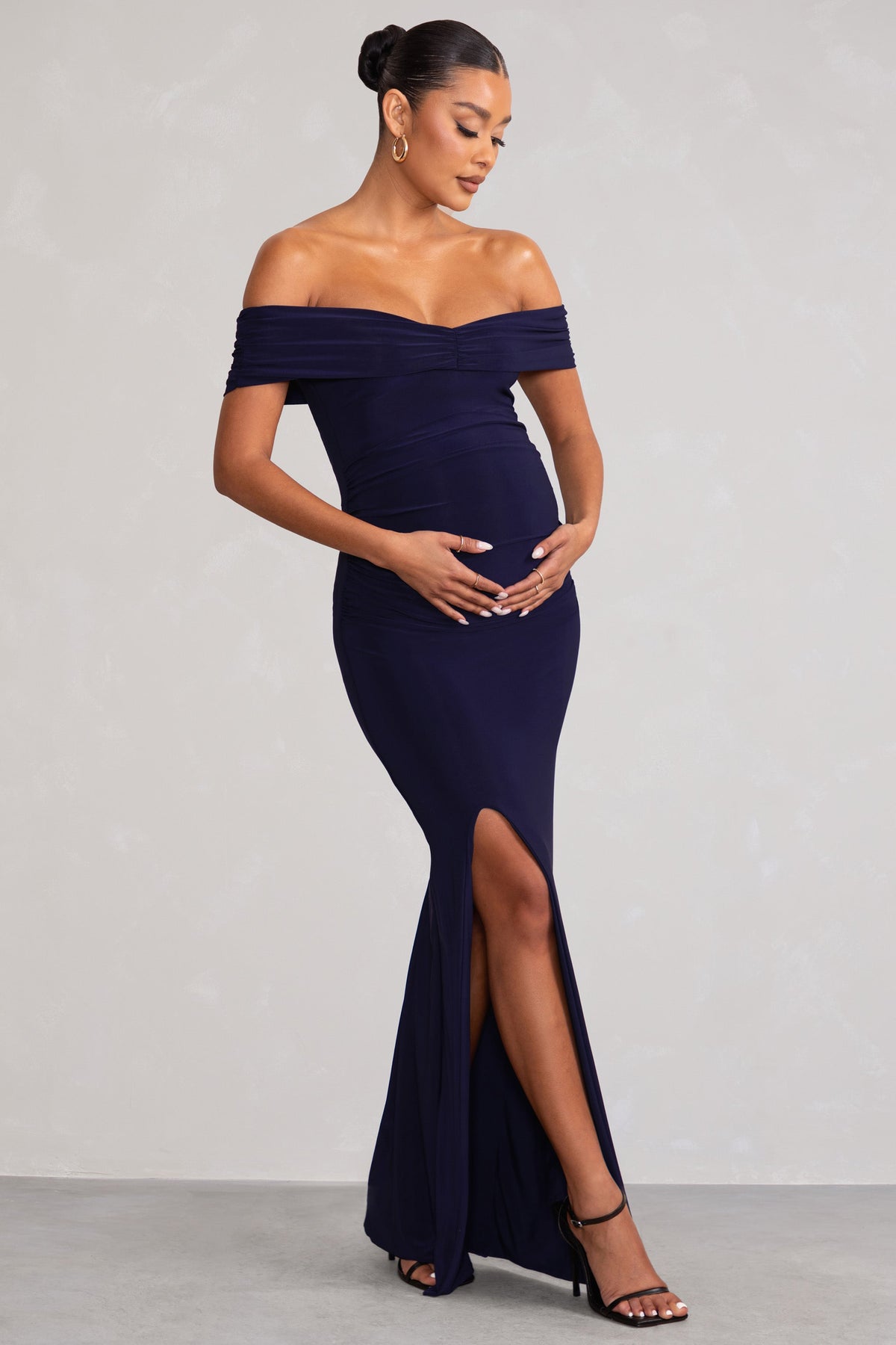 Worth The Wait Navy Maternity Ruched Bardot Split Hem Maxi Dress US 12 Navy