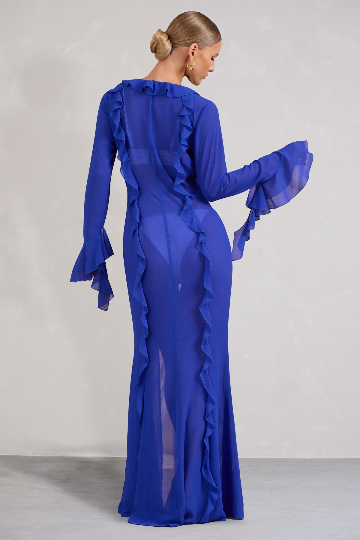 Cascades | Blue Long Sleeve Maxi Chiffon Ruffle Cover Up