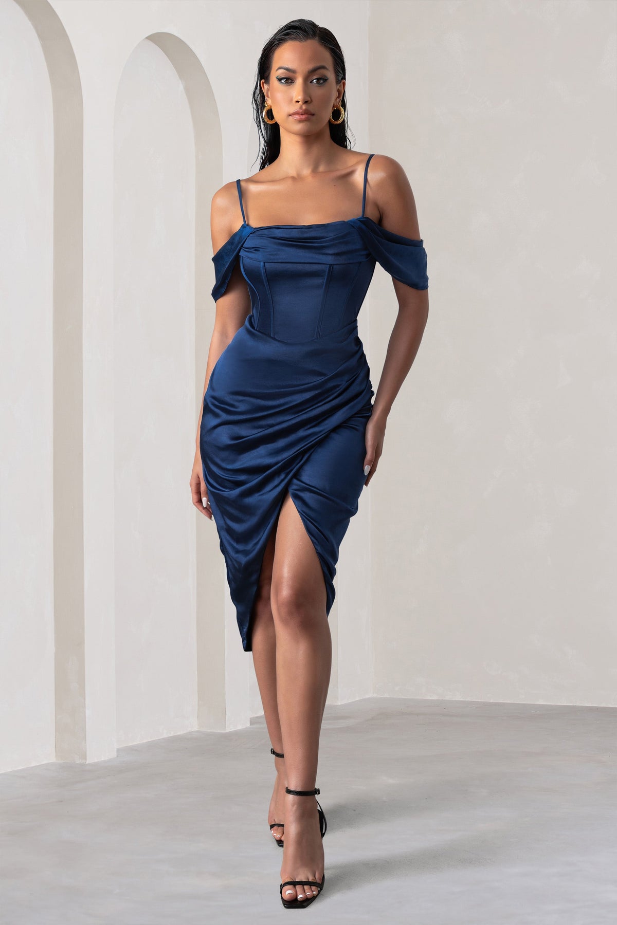 Navy and cream bardot asymmetric midi dress store