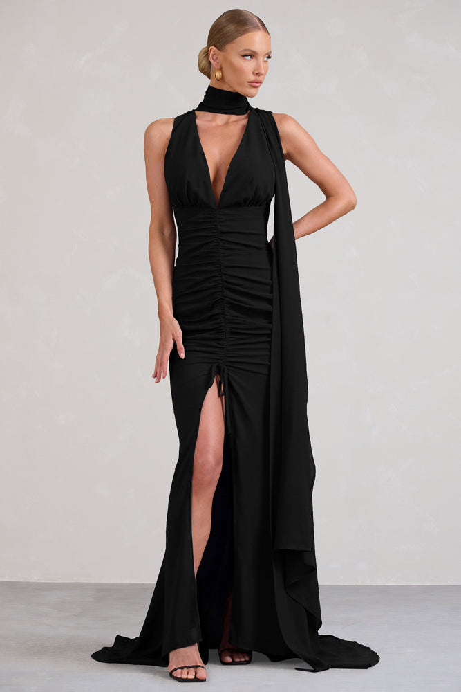 Whimsical Black Chiffon Plunge Fishtail Maxi Dress With Scarf