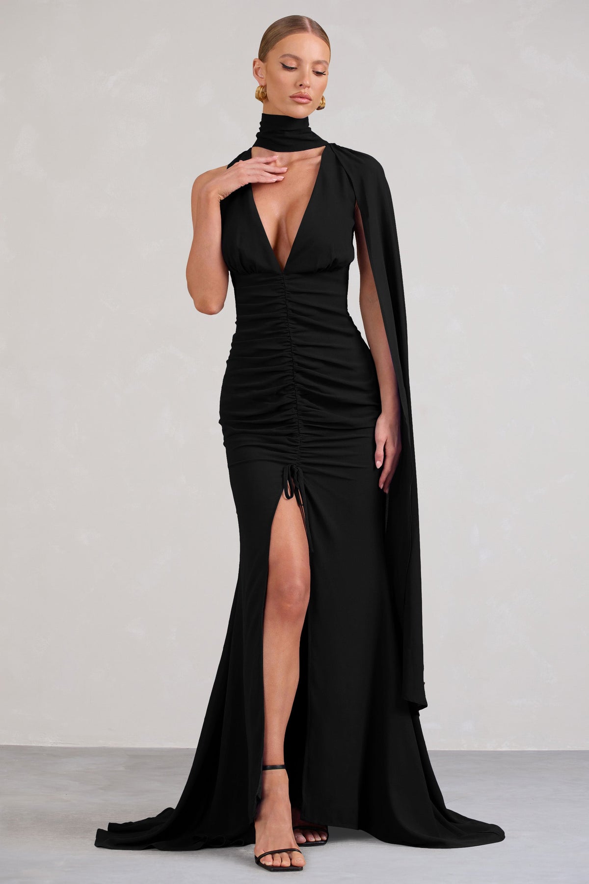 Mademoiselle Black Satin Asymmetric Scarf Neck Backless Maxi Dress