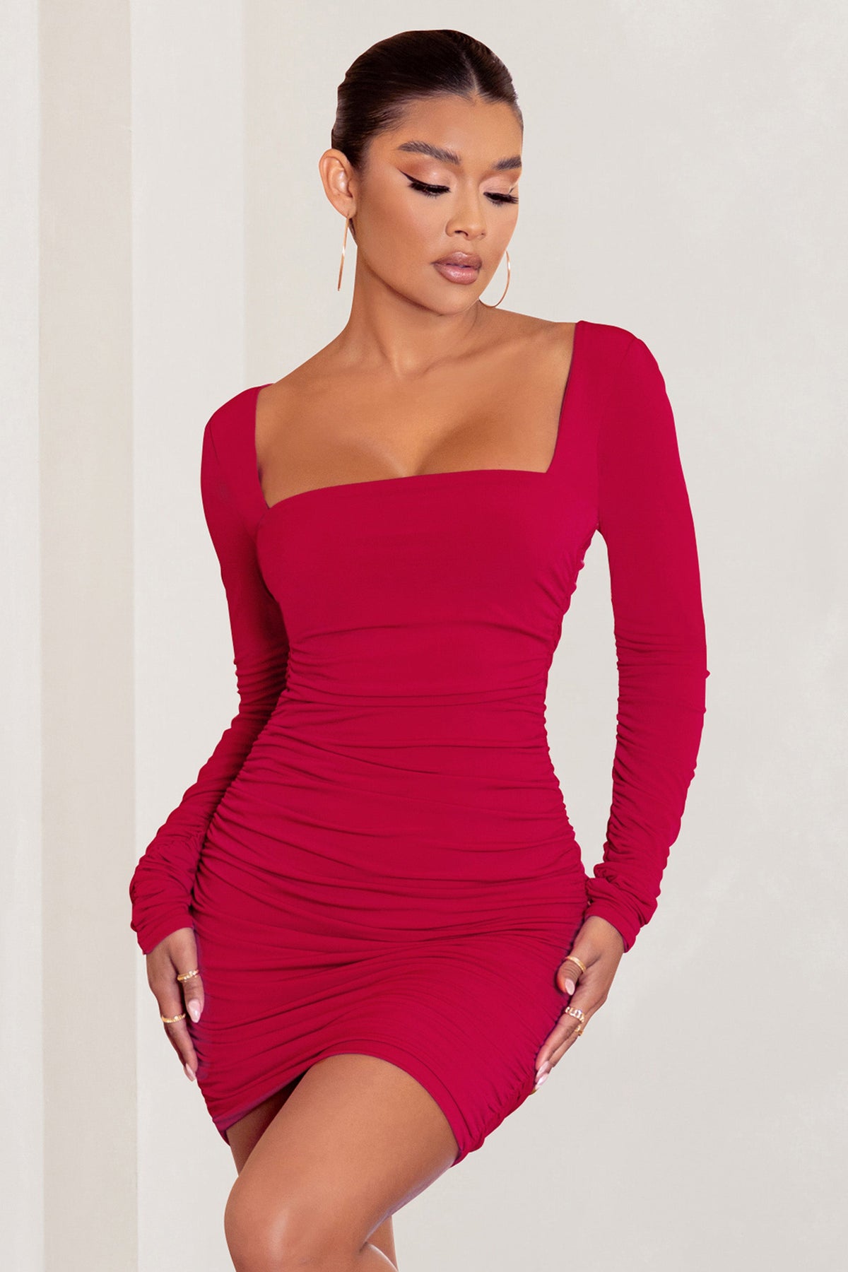 Muse Red Long Sleeve Square Neck Ruched Mini Dress – Club L London