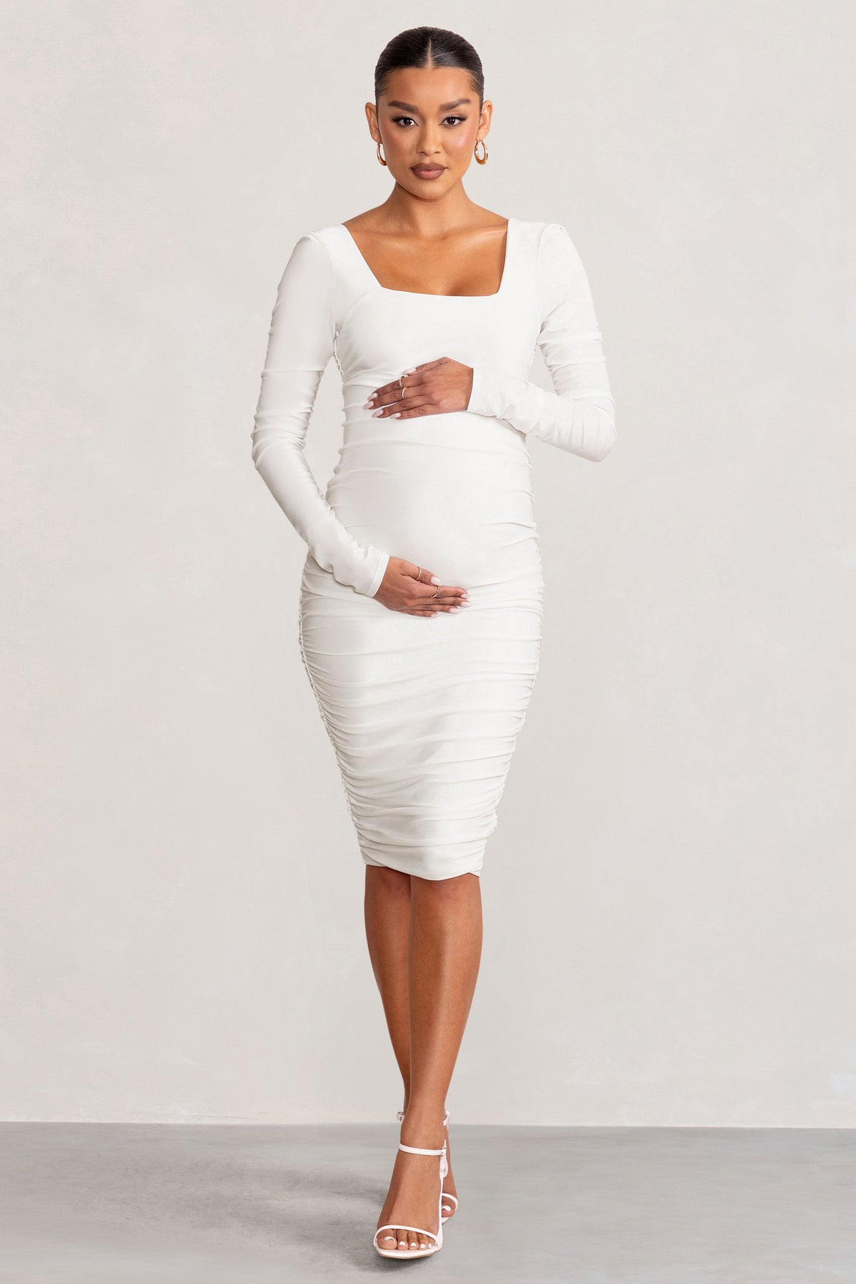 Ruched Midi Maternity Dress with Tie Bottom